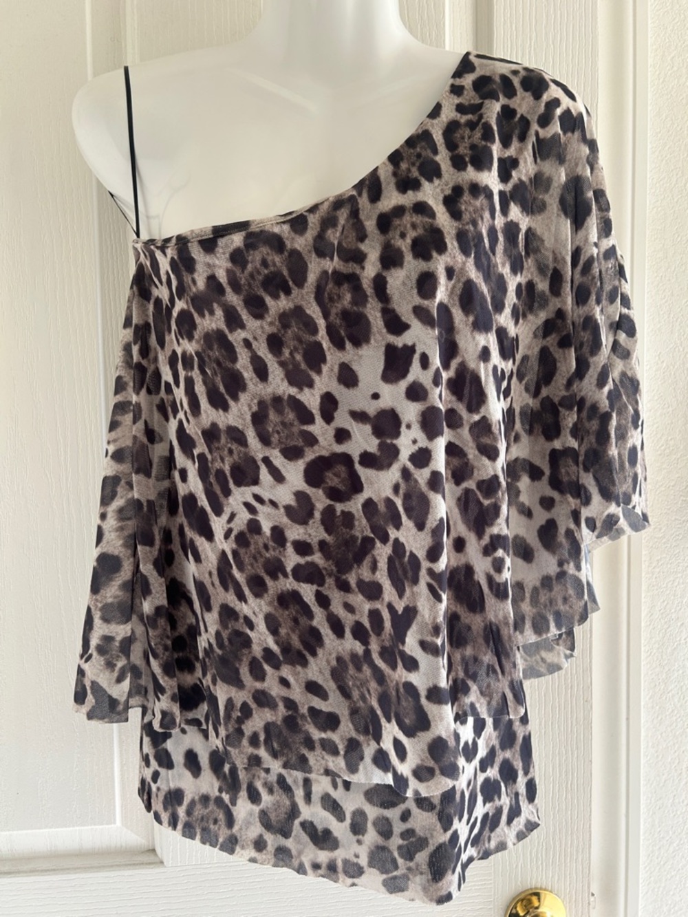 Cache One-Shoulder Leopard-Print Blouse in Taupe and Black